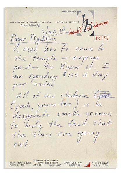 Hunter S. Thompson Autograph Letter Signed -- ''...No amount or quality of Journalism can preserve that fine, high sound...maybe fiction will come closer...''